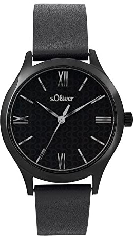 s.Oliver Armbanduhr Damen Quarzuhr Analog, mit Leder Armband, Schwarz, 5 bar Wasserdicht, Kommt in Uhren Geschenk Box, 2035439