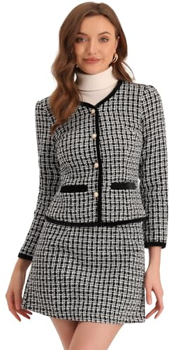 Allegra K Women Business Suit Set Plaid Tweed Jacket Crop Blazer Mini Skirt | Cropped Style, Contrast Velvet Trims, Pearl Buttons, Interview Outfit