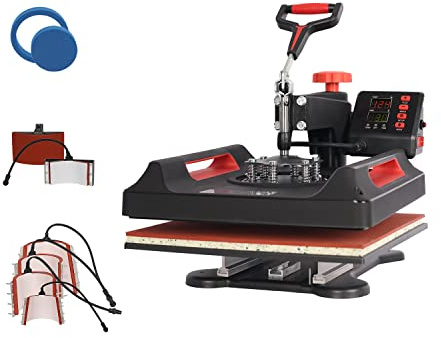 UKPRESS Heat Press Machine 8 in 1 38x38cm Sublimation Printing Swing Away 360 Degree for T Shirts Mug Hat Plate Cap Mouse Pads Dual Digital Control Multifunctional (Red)