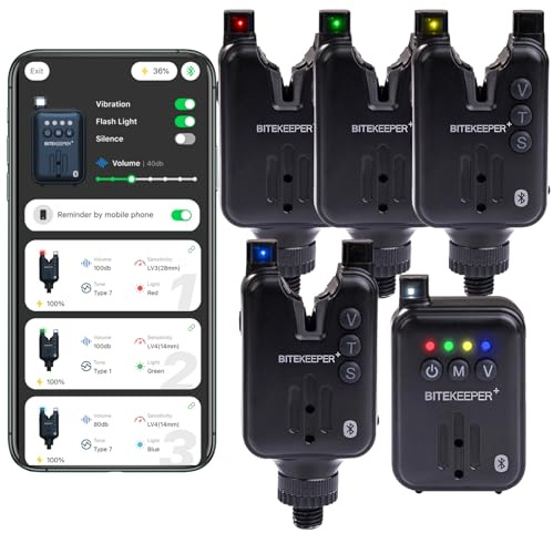 RIPPTON BITEKEEPER PRO Rechargeable Smart Bite Alarm with Receiver 4+1 Set, Bluetooth APP Connect Wireless Fishing LED Sensitive Alarm, Fishing Bite Indicators for Daytime/Night Carp Fishing