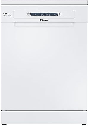 Candy Rapido' Lavastoviglie a Libera Installazione 60 cm, 14 Coperti, 8 Programmi, Partenza Ritardata fino a 9h, Ciclo Rapido 49 Min, Motore Inverter, Classe E, 59,7 x 59,8 x 85 cm, Bianca - CF 3E9E0W