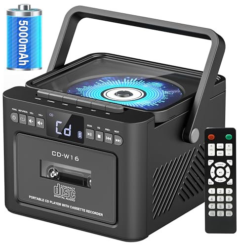 Boombox Cassette CD Player Bluetooth5.1 with 5000mAh Battery,5W Dual Stereo Speakers,Rechargeable CD Player with FM Radio,Remote Control,Tape Recording,3.5mm Earphone Jack,AUX/Micro SD/USB for Home