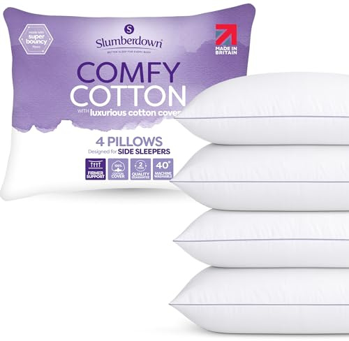 Slumberdown Cotton Bed Pillows 4 Pack - Hotel Quality, Supportive & Breathable Pillow for Back & Side Sleepers | Made in the UK, Hypoallergenic & Washable (48 x 74cm)
