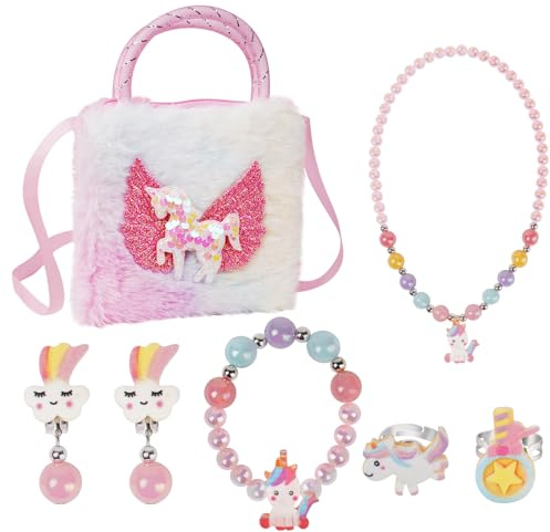 OSDUE Unicorn Bag Jewellery Gift, Unicorn Crossbody Bag Purse with Jewelry Set, Unicorn Princess Necklace Bracelet Rings Earrings, Princess Role Play Dress Up Jewelry (Pony Unicorn Crossbody Bag)