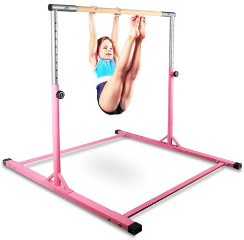 WENNEWU Barra Ginnica per Bambini, Altezza Barra Orizzontale Interna, Attrezzatura per L'Allenamento di Ginnastica, Regolabile da 90 Cm A 150 Cm, per Casa, Ragazze, Giardino,Rosa