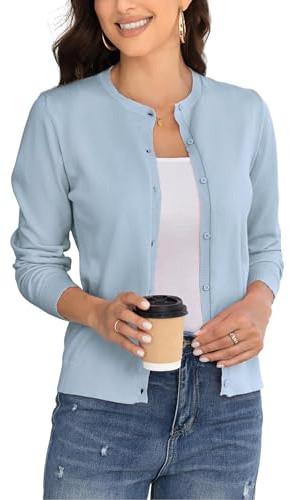 BERESIA Chaqueta De Punto Clásica para Mujer con Cuello Redondo, Botones Y Mangas Largas, Suéter De Punto Suave, Azul Claro, S