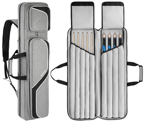 Jaffzora Custodia per stecca da biliardo 10 x 12 cm, custodia per 4 bastoni e 5 aste, borsa per stecche da biliardo con 14 tasche e tracolla, grigio (solo borsa)