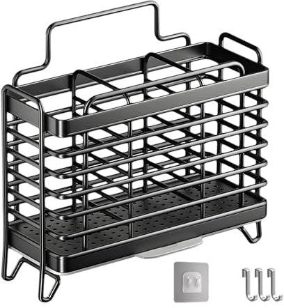 Jadin Egouttoir Couvert, Pot Ustensiles Cuisine, Porte Ustensiles Cuisine, Panier à Couverts en Acier Inoxydable avec Trois Compartiments et égouttoir, Mural, Installation Sans Trou, Amovible, Noir