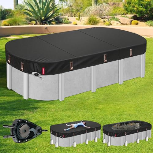 QH.HOME Housse de piscine ovale de 5,5 x 10,1 m avec cliquet breveté à serrage rapide, couverture de piscine ovale pour piscines hors sol [durable, résistante aux déchirures] avec anneaux de charge