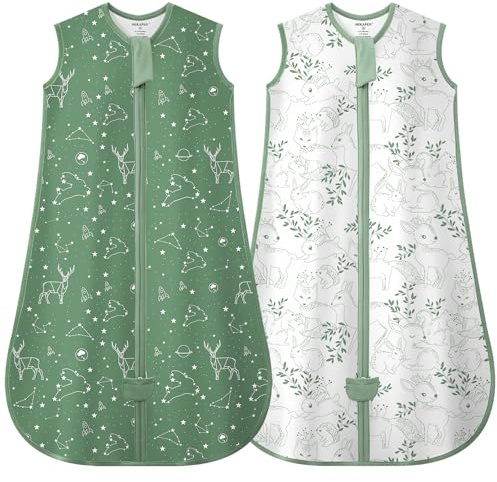 MIKAFEN Pack de 2 Sacos de Dormir Bebé Verano 0,5 TOG, Algodón Saco de Dormir Infantil de Verano para Niños y Niñas, Constelación y Zorro Verde, 6-14 Meses