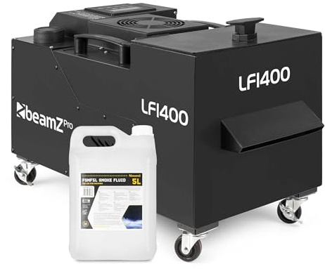 BeamZ Professional LF1400 Machine à Fumée Lourde avec 5L de liquide inclus, 1400W, Technologie Ultrasons, DMX, Télécommande Sans Fil, Sur Roulettes, Idéal pour Mariages, Événements et Présentations