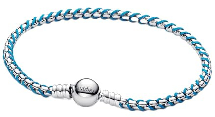 Pandora Moments Collection Blue Snake Chain Bracelet Sterling Silver Fabric Metal Combination Length 16cm 593816C01-16, 593816C01-16, Sterling Silver, No Gem, 593816C01-16, Sterling Silver, No