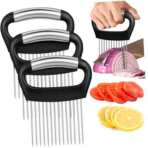 ABOOFAN 3Pièces Porte-oignons Inoxydable Tendre Viande Outil de Découpe Ergonomique Antidérapant pour Trancher Légumes et Fruits Hachoir à Oignons Manuel et Pratique