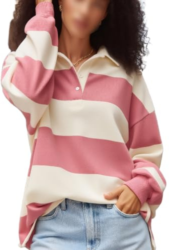 Y2k Women Striped Rugby Polo Shirt Long Sleeve Collared Oversized Vneck Sweatshirt Vintage Jersey Girls Streetwear