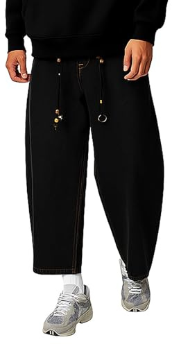Generisch Jean pour homme coupe ballon avec cordon de serrage - Pantalon large à carotte en denim foncé - Pantalon streetwear décontracté à taille haute, Stil_j01 Noir, S