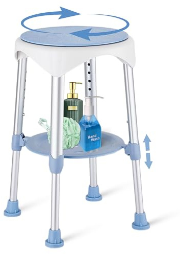 DUTYWORKS Shower Stool with Storage Tray, Height Adjustable Rotating Shower Chair for Seniors and Adults, 360° Swivel Tub Transfer Bench for Bathroom and Inside Shower (Blue)