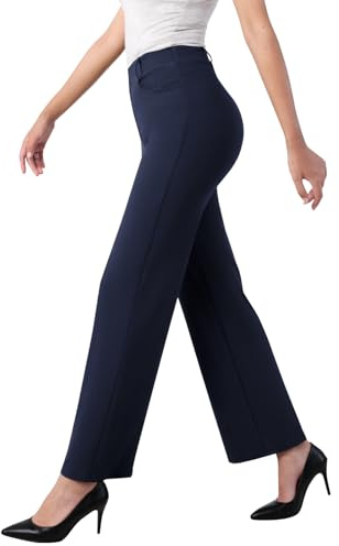 Glacspyg Pantalones de Ocio de Cintura Alta para Mujer Otoño e Invierno Tejido de poliéster y Elastano de Alta Densidad Pantalones de Trabajo Elegantes y Lisos con Bolsillos Verde Azul Marino L