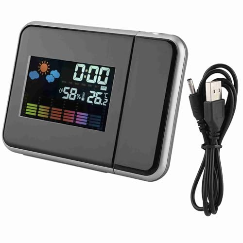 PolyGen Proyector de Pantalla LED rotación de 180 Grados para Paredes, un Reloj Despertador de proyección Completo y estación meteorológica Digital con Monitor de Temperatura (Negra)