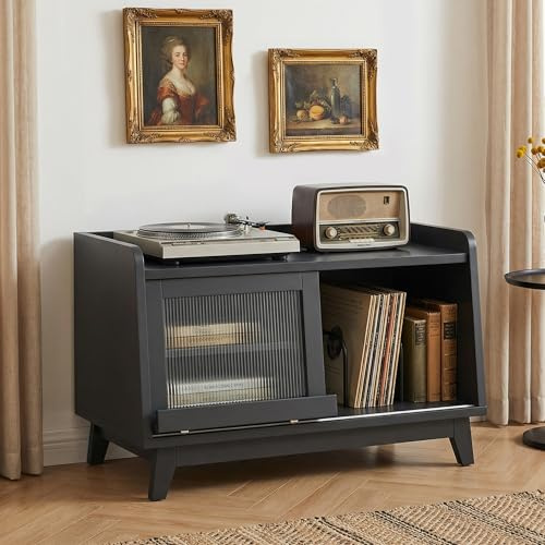 Mueble Tocadiscos,con Toma De Corriente Y Puerta Corrediza De Vidrio,Mesa De Madera para Tocadiscos con Espacio De Almacenamiento Abierto para Más De 200 álbumes