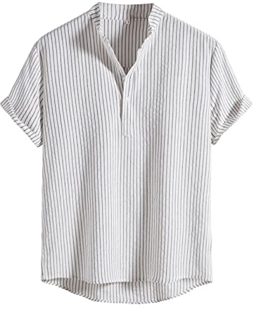 Generisch Chemise d'été en lin pour homme - Manches courtes - Col montant - En coton - Coupe droite - Pratique - Vacances à la plage - A56