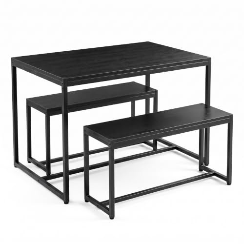 Blisswood Dining Table with 2 Benches, 3 Piece Kitchen Table Bench Set for 2–4 People, Industrial Design, Small Space Saving Wooden Dining Table with Metal Legs for Home Apartment & Dining Room, Black