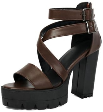 Genérico Sandalias Mujer Correas Cruzadas Plataforma Punta Abierta Bombas Cuero PU Hebilla Doble Tobillo Tacón Alto Grueso Suela Tractor Vestido Sandalias Fiesta,Marrón,38 EU
