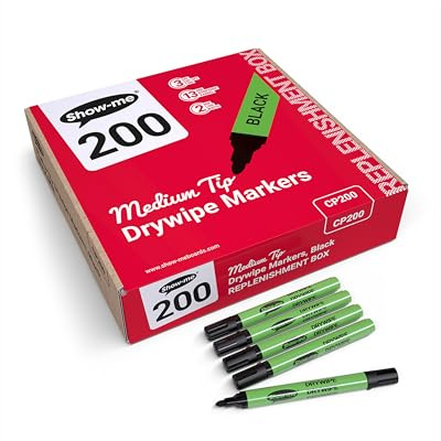 SHOW-ME - Whiteboard Markers | Drywipe, Erasable Black Medium Tip 2mm Line | Classroom Board Writing Pens with 3-Day Cap-off, Box of 200
