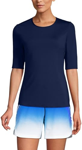 Lands' End Womens Elbow Sleeve Crewneck Swim Tee Rash Guard Deep Sea Navy Plus 3X