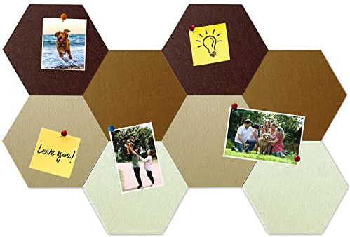 HULAVO Lot de 8 dalles hexagonales en feutre et liège, autocollantes, pour tableau d'affichage, bureau, école, maison, décoration murale, autocollants, mémos, photos(Marron Dégradé)
