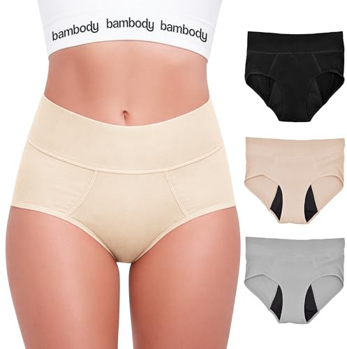 Bambody Period Pants for Women, Period Underwear for Teenage Girls - Leakproof, Absorbent, Comfortable, Breathable (3 Pack: Black - Nude - Gray, L)