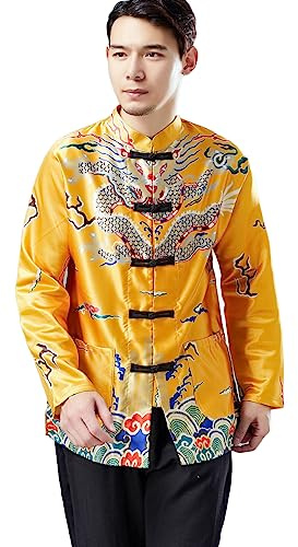 Men Chinese Dragon Tang Suit Jacket Luxury Dragon Printed Satin Chinese Traditional New Year Holiday Clothing (as1, Alpha, m, Regular, Regular, Yellow)