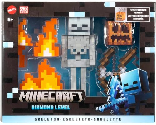 Mattel Minecraft Serie de Diamante Esqueleto, Figura de acción con Arco, Flecha, Casco de Calabaza y 3 Piezas de Llamas, diseño pixelado, Juguete Regalo para niños y niñas +6 años, HTM06