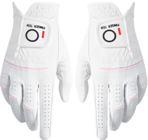 FINGER TEN Womens Ladies Golf Rain Gloves Pair Both Hand or 2 Pack Left Right Hand, Wet Hot Cool Grip, Fit Small Medium Large XL (White, Medium, Ambidextrous)