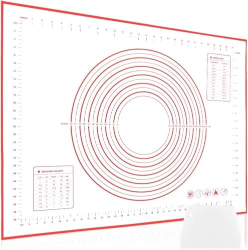 SAEIV Tappetino da forno in silicone, antiscivolo, 80 x 60 cm, antiaderente, con misurazione, tappetino da forno per fondente, pasticceria, pizza, senza BPA (rosso + 1 raschietto)