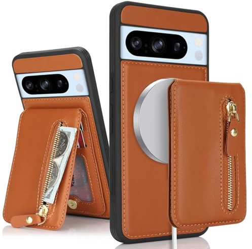 SailorTech Google Pixel 8 Pro telefonfodral med kreditkortshållare, Google Pixel 8 Pro fodral med ställ kreditkortsfack, plånbok, avtagbar 2-i-1 blixtlåsfodral – brun