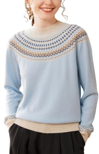 DISSA Pull Cachemire Femme Bleu Col Montant Jacquard Tricoté en Vrac Manches Longues épais Pull en Cachemire et Laine,EU Taille Unique,SPR2435