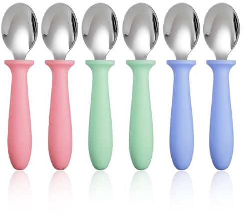 Pimoys 6-Pack Stainless Steel Toddler Spoons Baby & Kids Utensils for Self-Feeding Plastic Handle Dishwasher Safe