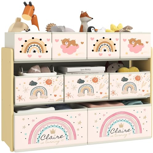 AIYAPLAY Kids Toy Storage Unit, 3-Tier Toy Organiser Shelf with 9 Non-Woven Fabric Boxes for Toys, Books, Dinosaur-Style Toy Storage Organiser for Bedroom, Nursery, Yellow