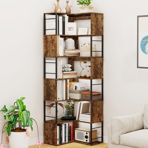Suuiwau 7 Ebenen-Ecke Bücherregal, Hohes Lagerregal 187CM, L-Form Industrial Regal Holz Bücherregal, Großes Eckregal Bodenstehendes Eckregal, Standregal Vintagebraun