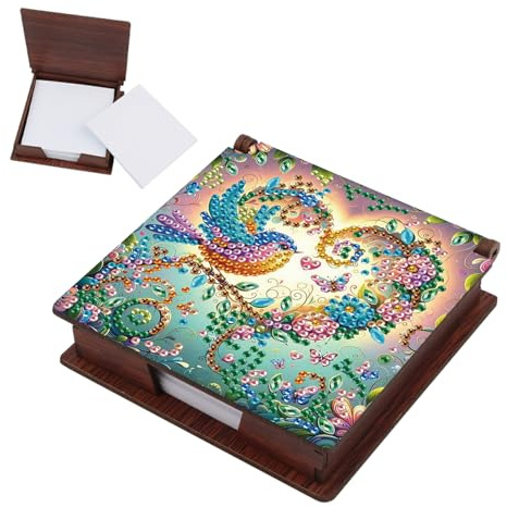 SHEGZHUC Diamond Painting Notizzettel Zettelbox Nachfüllpack Halter Bambus Notizblock mit 160 Blättern Diamant Malerei Zettelkasten Notizzettelbox Holz Mosaik Bilder Geschenk || Kolibri Vogel Herz