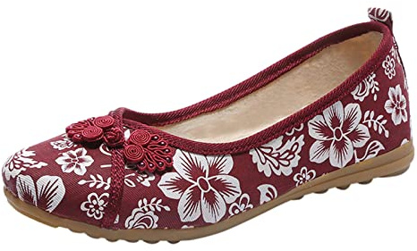 Women Flat Embroidered Shoes Ethnic Shoes for Women Slip On Walking Loafers Closed Toe Vacation Loafer Vintage Canvas Flats Anti Slip Ballerinas Flat Traditional Handmade Shoe with Flower Pattern