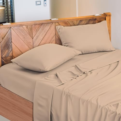 NARCISO - Lenzuola Matrimoniali 100% Cotone Made in Italy, Completo Letto Matrimoniale Composto da 1 Lenzuolo Sotto con Angoli 180x200, 1 Lenzuolo Sopra 240x290, 2 Federe Cuscini 50x80cm (Sabbia)