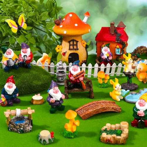 22Pcs Miniatures Fairy Gnome Resin Figures Mini Gnome Garden Accessories Mushroom Figure Fake Pond Lawn Bridge Figurines Micro Landscape Ornaments Fairy Garden Accessories for Indoor Outdoor