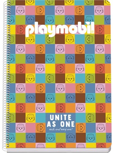 DOHE - Cuaderno A4+ Cuadriculado - 80 Hojas Grosor 90 gr/m², Tamaño 21x31 cm, Tapa de Cartulina Rígida, Cierre Anillas, Cuadrícula 4 mm, Material Escolar - Playmobil Unite As One