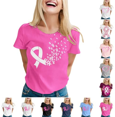 Tee Shirt Octobre Rose Femme Été T-Shirt à Manches Courtes Top Coton Col Rond, Cancer du Sein d'Octobre Tshirts Grande Taille 2025 Blouse Ruban Imprimé