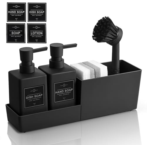 AJEUNGAIN Plast Svart Diskmedel Dispenser Set för Kök och Badrum, Köksdispenser Med Borste och Svamphållare, Dispenser för Hand- och Diskmedel – Kompakt Köksbänk & Diskho Organisering (Svart)