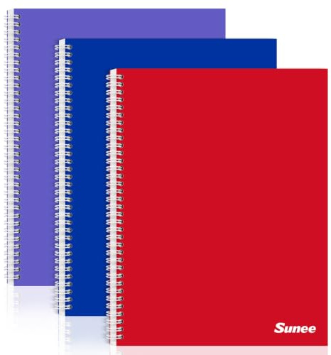 SUNEE A4 Notebook, Pack of 3 Notepads, Wirebound Notebooks, 80gsm Premium Paper, 100 Sheets / 200 Pages, 8mm Lined with Margin, 4-Hole Punched and Perforated Edge, Purple/Blue/Red