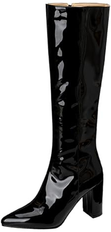 Cocey Stivali da donna con punta a temperamatite | 8,5 cm tacco a blocco, morbida pelle lucida con cerniera laterale per l'inverno, Nero , 34 EU