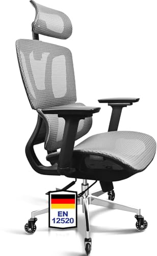 MELOKEA Professionell ergonomisk stol | Grå hemmakontorsstol | 4D-armstöd, justerbart sittdjup, ländryggsstöd, lutning 4 nivåer, ventilerande nät, spelstol