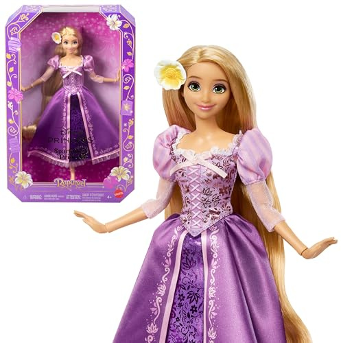 Mattel Disney Princess Rapunzel glittrande docka | Poserbar modedocka med avtagbar klänning, långt hår och blomaccessoar, inspirerad av Trassel, JLM94